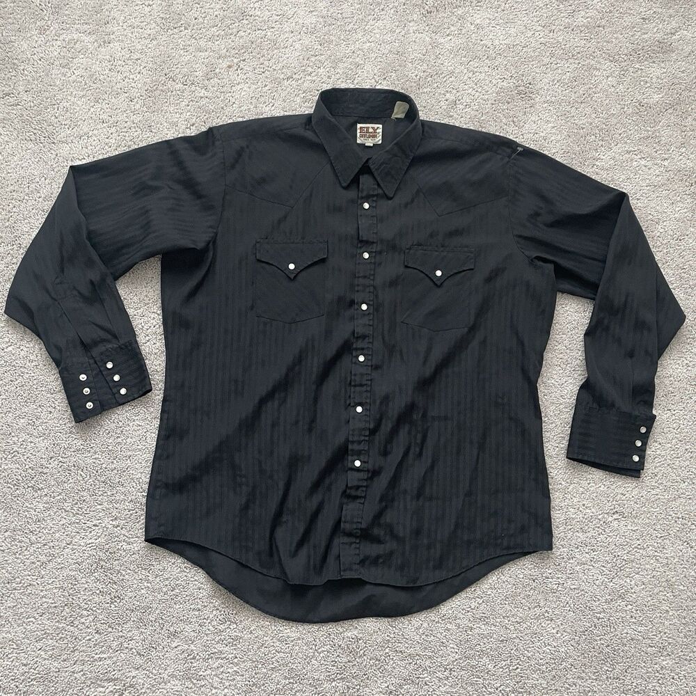 Vintage ELY CATTLEMAN Black Western Shirt Mens Sz XL 17.5 36 PearlSnap Pockets